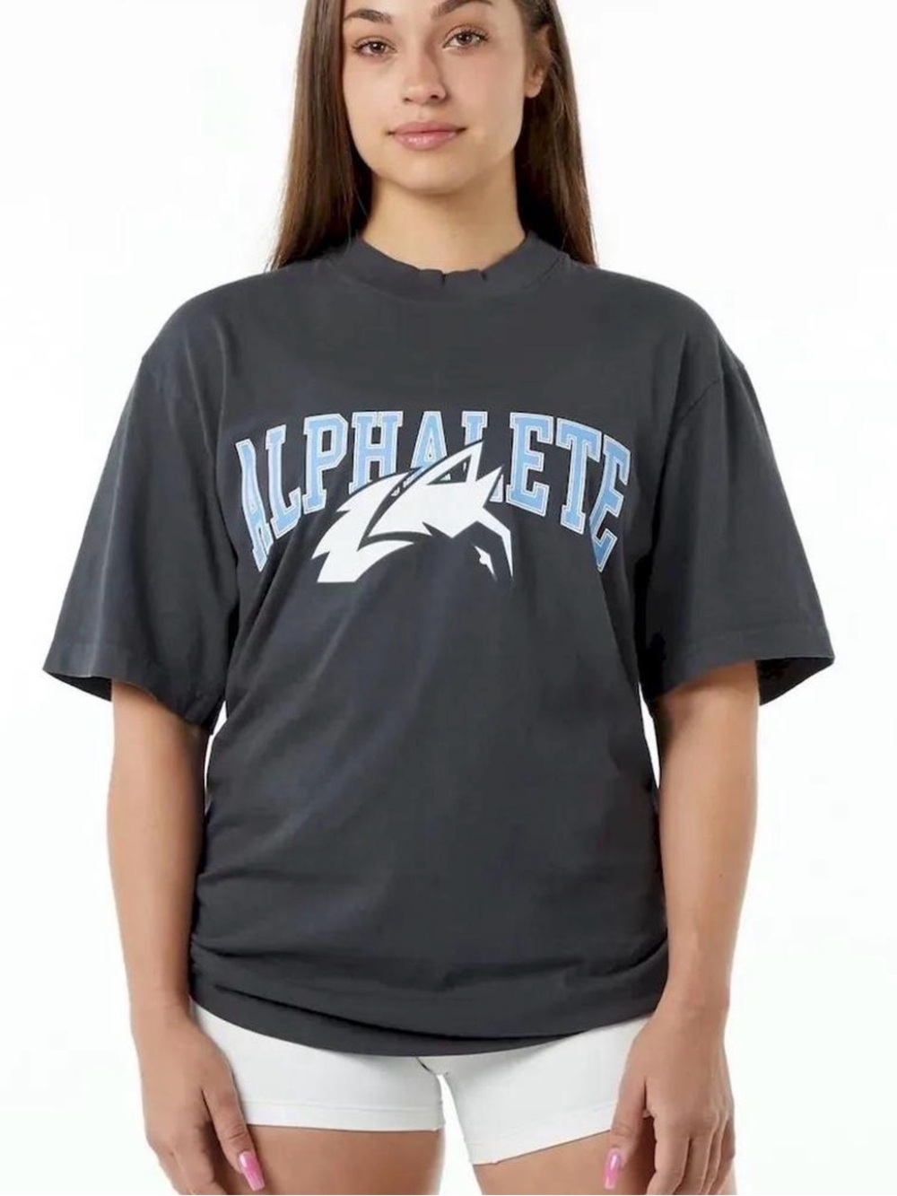 Alphalete womens' Charcoal Graphic Tee - Gray with Light Blue Logo